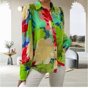 Women's Shirt Button Down Colorful Blouses Long Sleeve Floral Print new